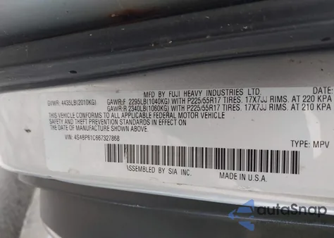 2006 Subaru Outback 2.5I z USA, uszkodzony, nr VIN 4S4BP61C667327868